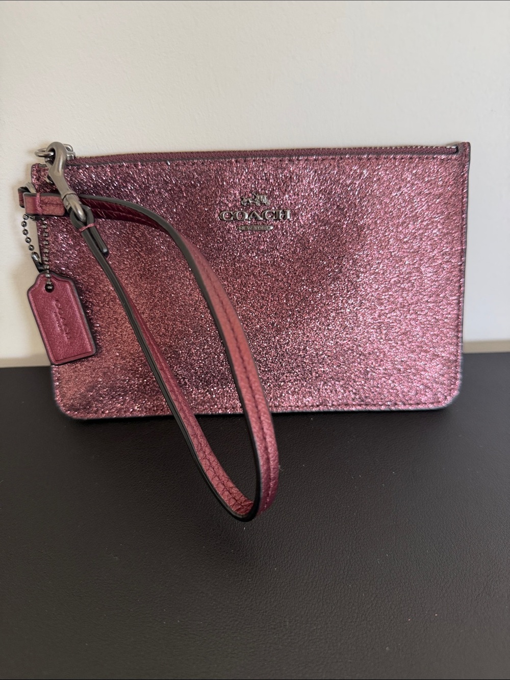 Coach F64585 Metallic Cherry Glitter Fabric Small Wristlet Pouch